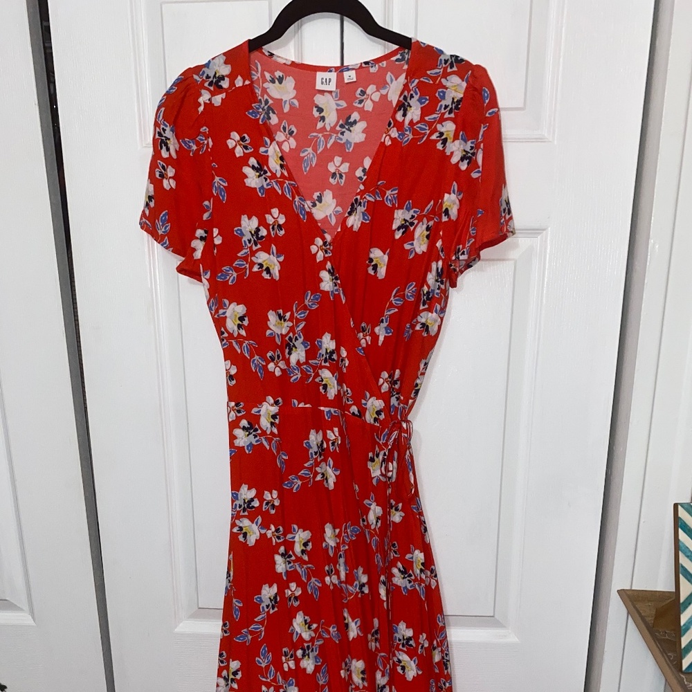 Bright red floral wrap dress